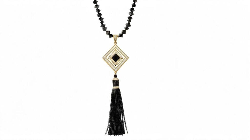 Art Deco black onyx and diamond tassel necklace with geometric pendant and gold accents.