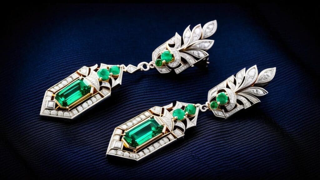 Pair of Art Deco emerald and diamond drop earrings ideal for sophisticated black-tie occasions