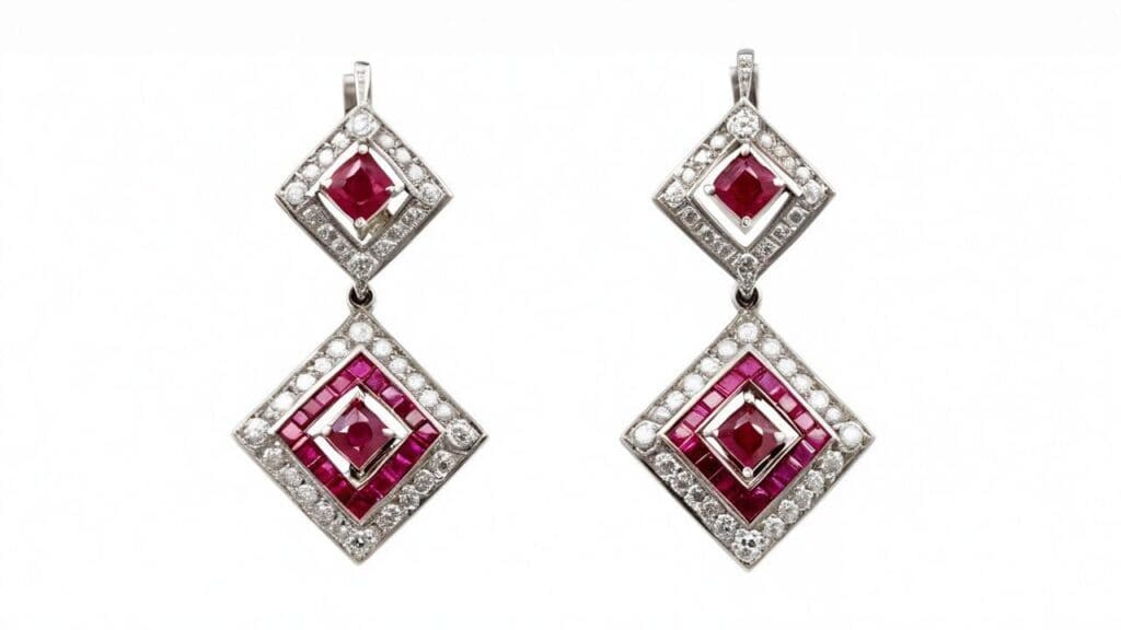 Pair of Art Deco ruby and diamond drop earrings featuring geometric square designs and platinum settings.