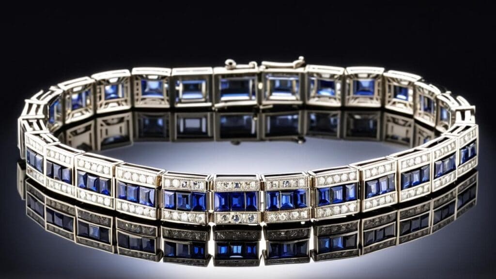 Art Deco sapphire and diamond bracelet in platinum, featuring geometric patterns and channel-set gemstones.