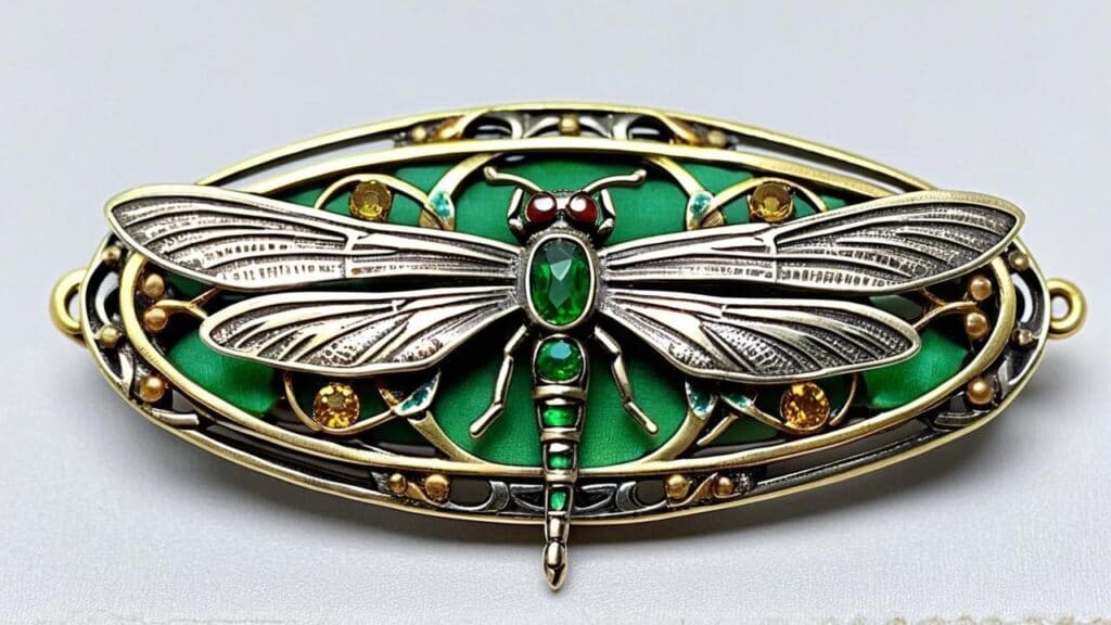 Art Nouveau dragonfly brooch with green enamel background, detailed wing texture, and oval shape typical of the period
