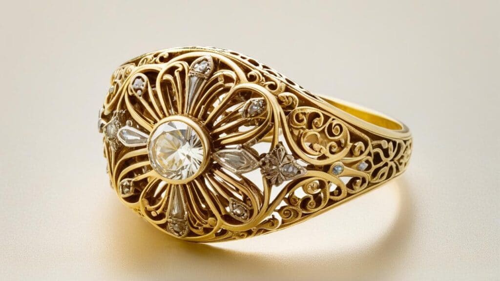 Art Nouveau estate jewelry gold ring with a central diamond and elaborate filigree detailing showcasing exceptional craftsmanship.