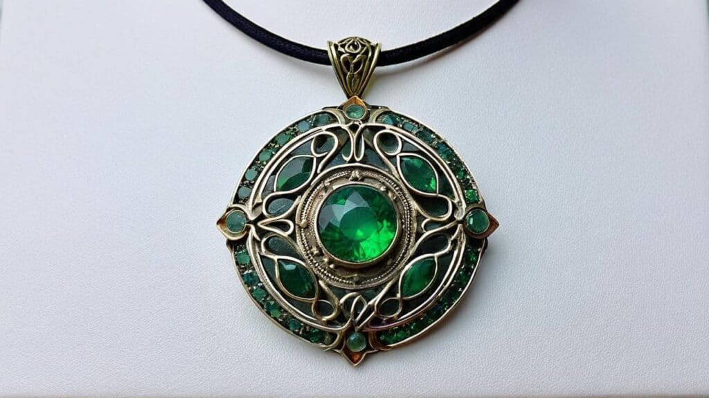Art Nouveau circular pendant with central green stone surrounded by flowing gold swirl patterns and smaller green cabochon stones