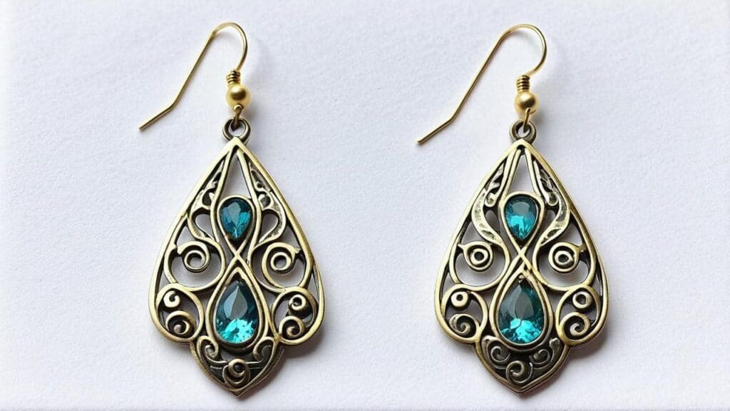 Art Nouveau teardrop-shaped earrings with intricate gold scrollwork and two turquoise blue stones per earring