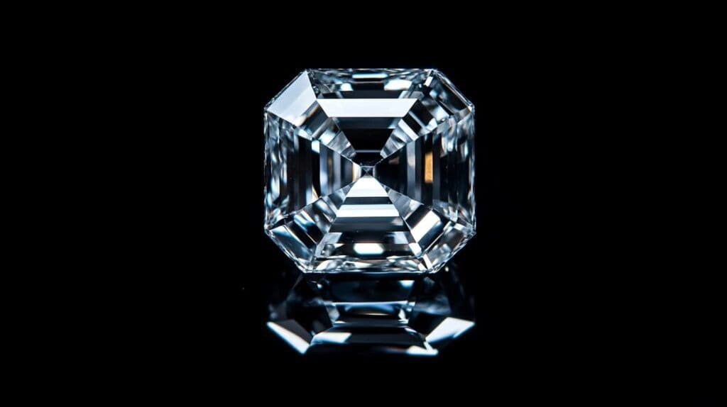 A sparkling Asscher cut diamond resting on a reflective black surface, emphasizing its clarity and step-cut brilliance.