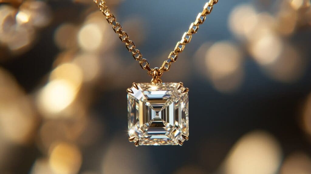 Close-up of an Asscher cut diamond pendant set in a gold chain, showcasing its step-cut facets and hall of mirrors effect.
