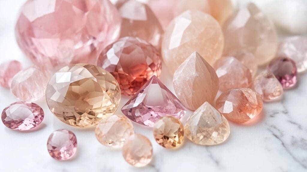 Collection of loose morganite gemstones in various shades of pink and peach, cut in different shapes, displayed on a marble surface.