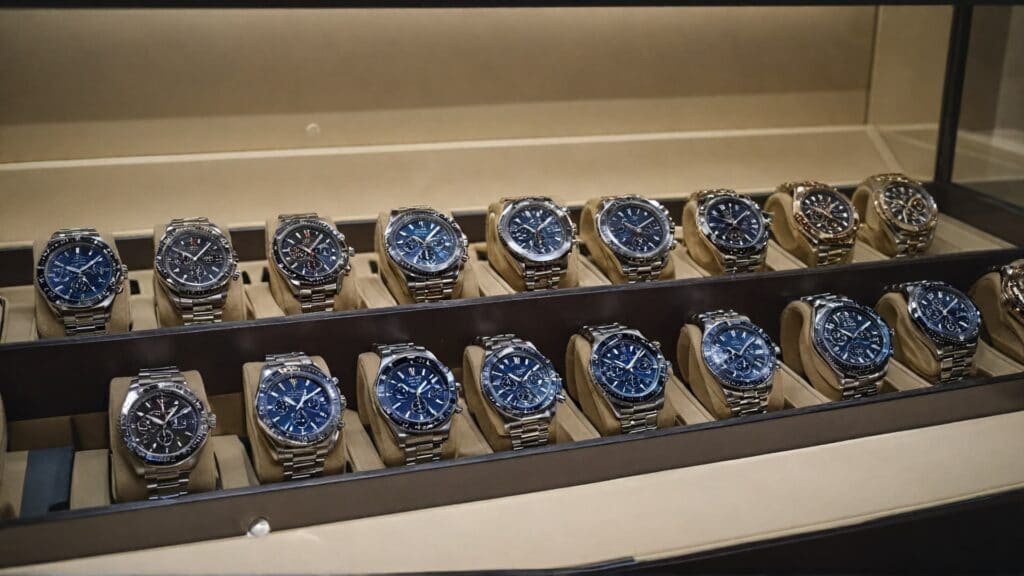 Authorized dealer showroom displaying authentic luxury watches showing safe buying environment to avoid counterfeit timepieces