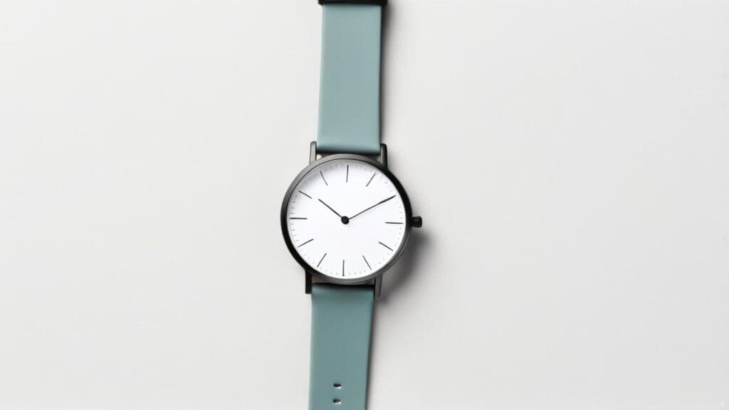 Automatic watch featuring teal green strap and simple white dial demonstrating self-winding timepiece aesthetics