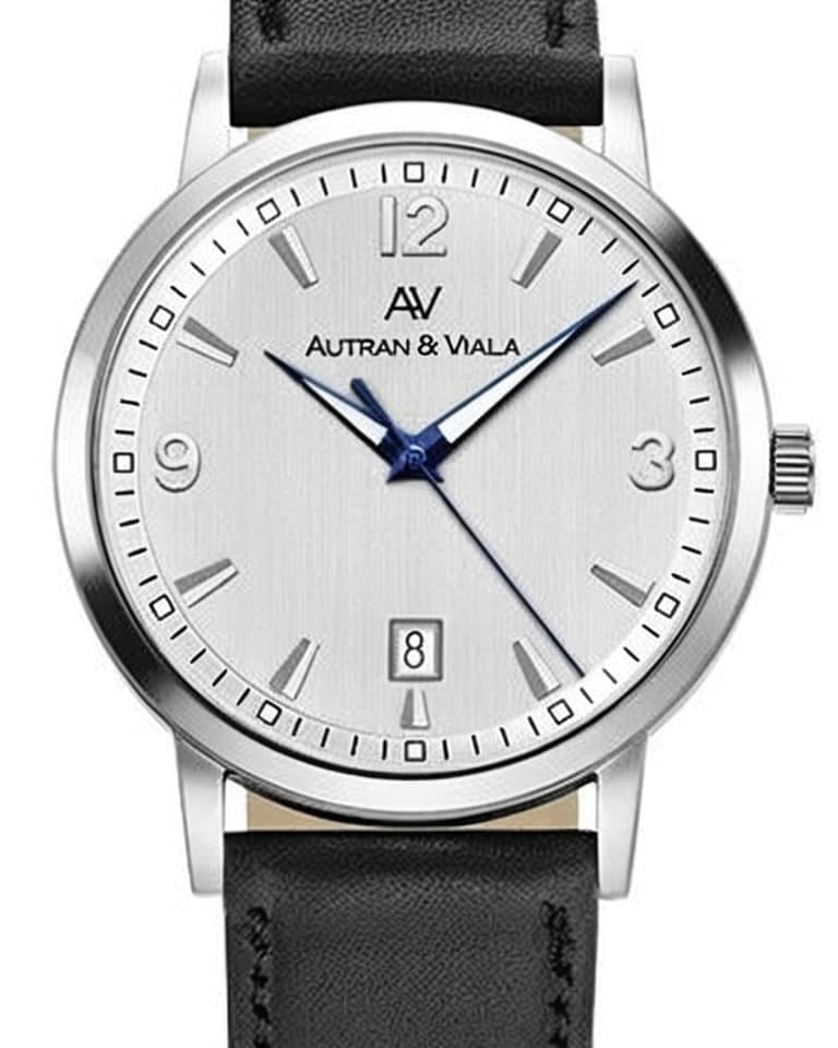 Autran & Viala German luxury watch with silver dial, blue hands, and date display at 6 o'clock on black leather strap