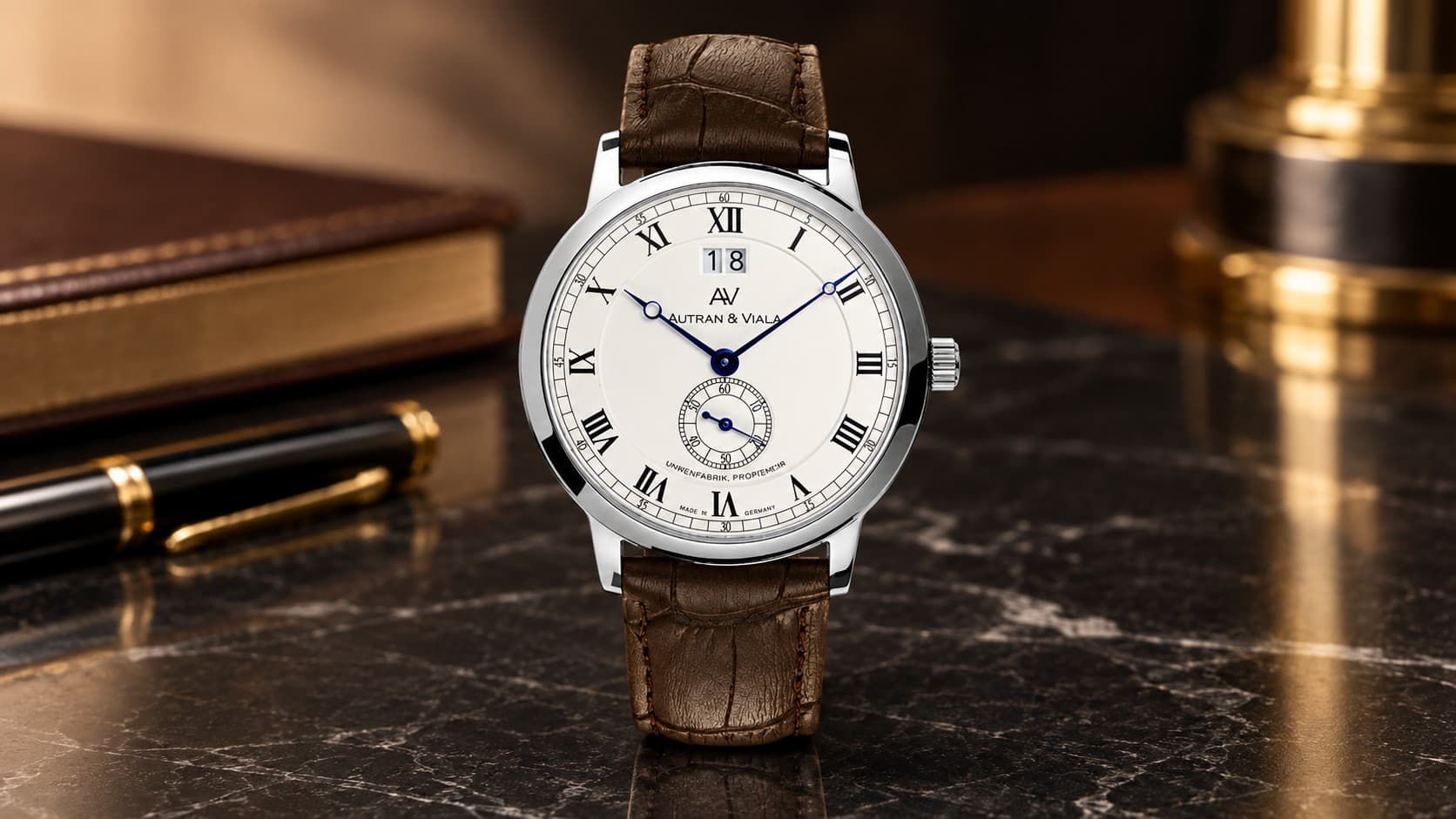 Autran & Viala Opera watch with a big date window and small seconds dial on a brown leather strap
