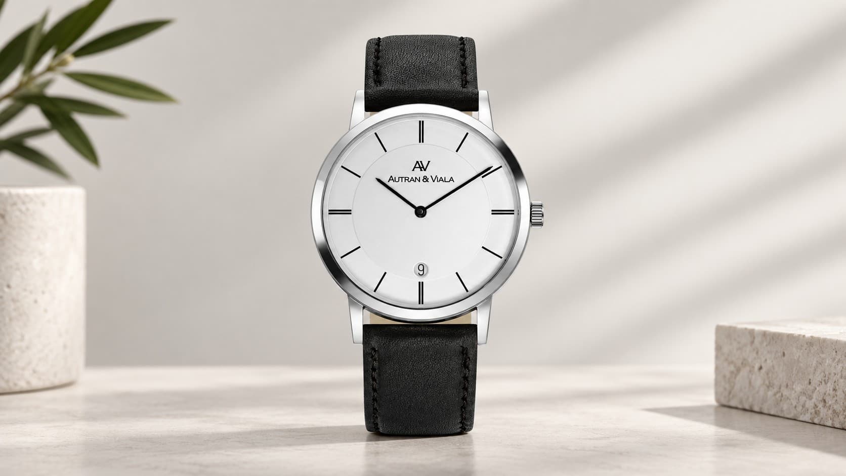 Autran & Viala Plano Pur watch with a minimalist white dial and black leather strap