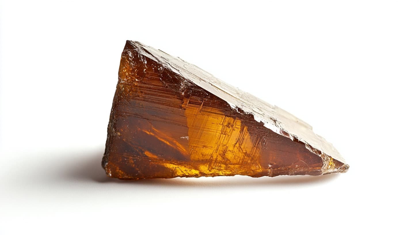 Wedge-shaped axinite crystal in amber brown on a white background