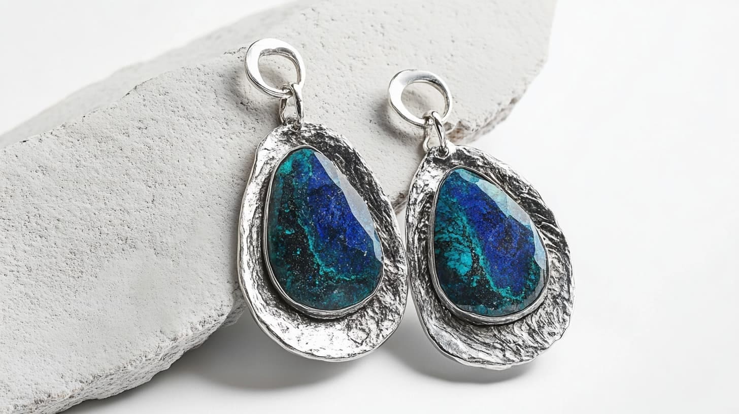 Silver drop earrings set with teardrop azurite stones in blue and green