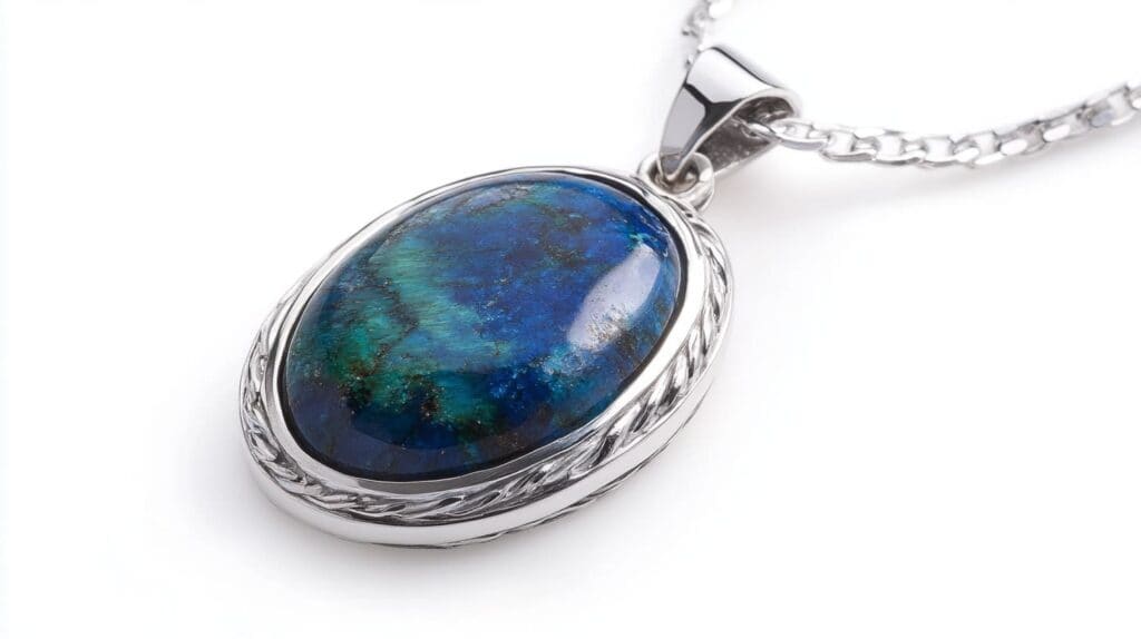 Azurite pendant in an oval design with deep blue and green hues, set in an elegant silver frame, displayed on a chain.