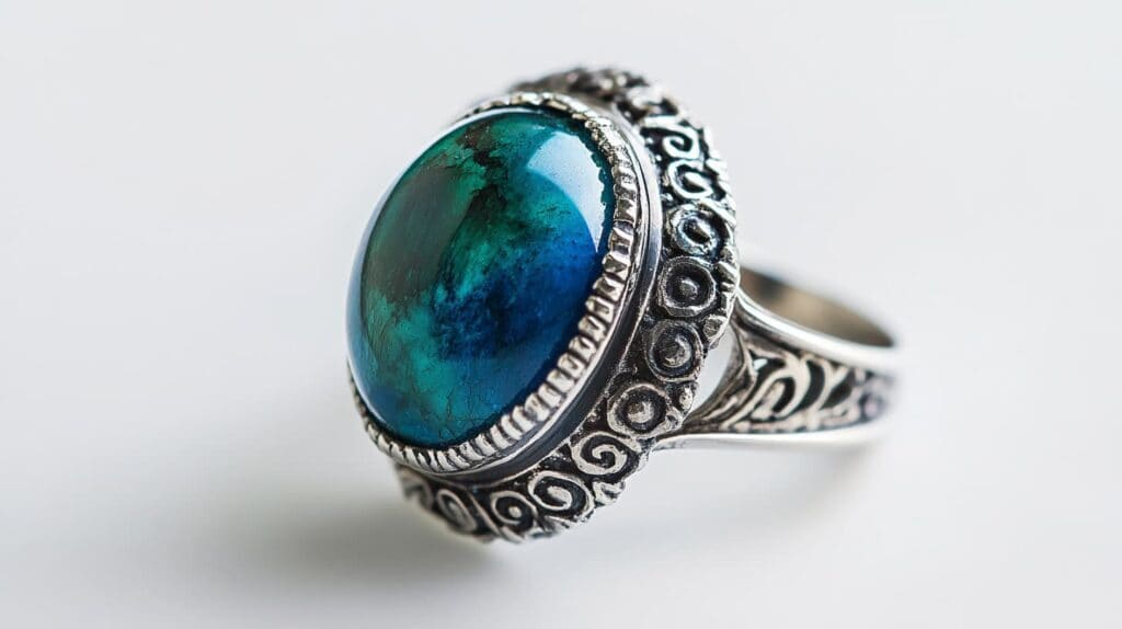 Azurite ring with a polished stone displaying vivid blue and green tones, set in an ornate silver band with intricate patterns.