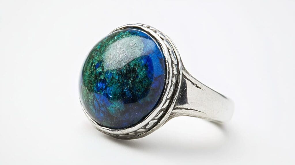 Azurite ring with a minimalist silver band, showcasing the deep azure and green colors of the polished stone.