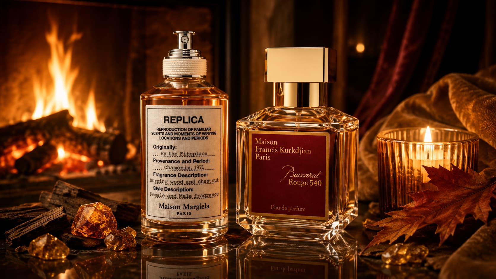 Maison Francis Kurkdjian Baccarat Rouge 540 layered with Maison Margiela Replica By the Fireplace perfume bottles by a fireplace