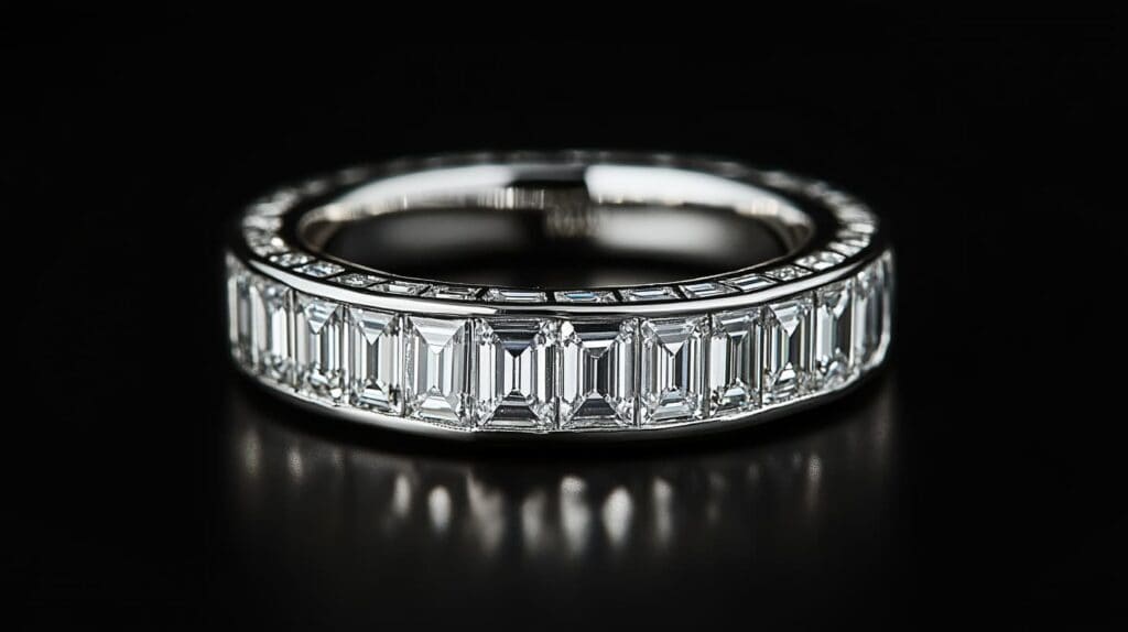 A luxurious eternity ring featuring baguette-cut diamonds set in a seamless channel setting, highlighting its geometric precision and timeless elegance.