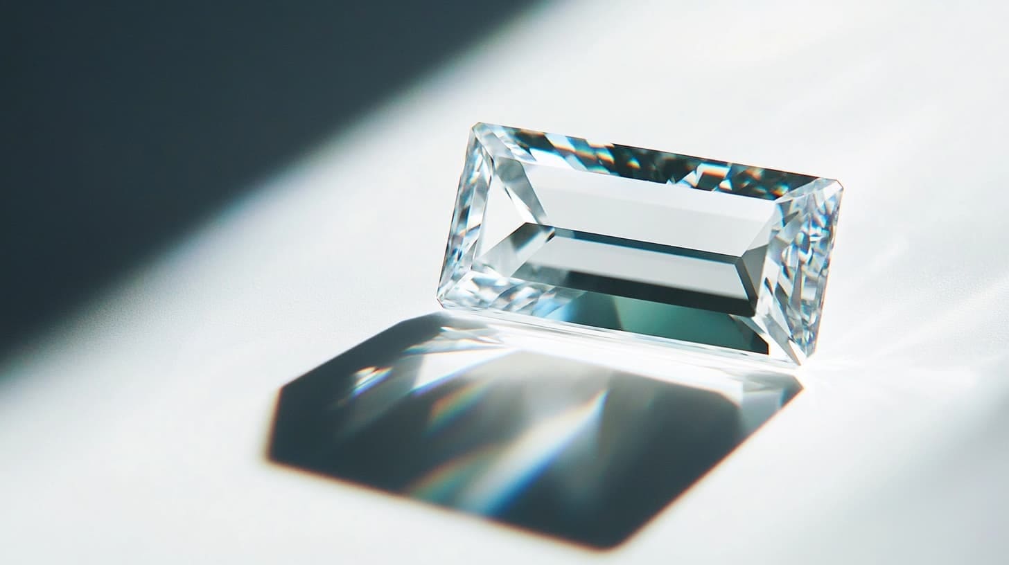 Baguette-cut diamond casting a rainbow-flecked shadow in bright light