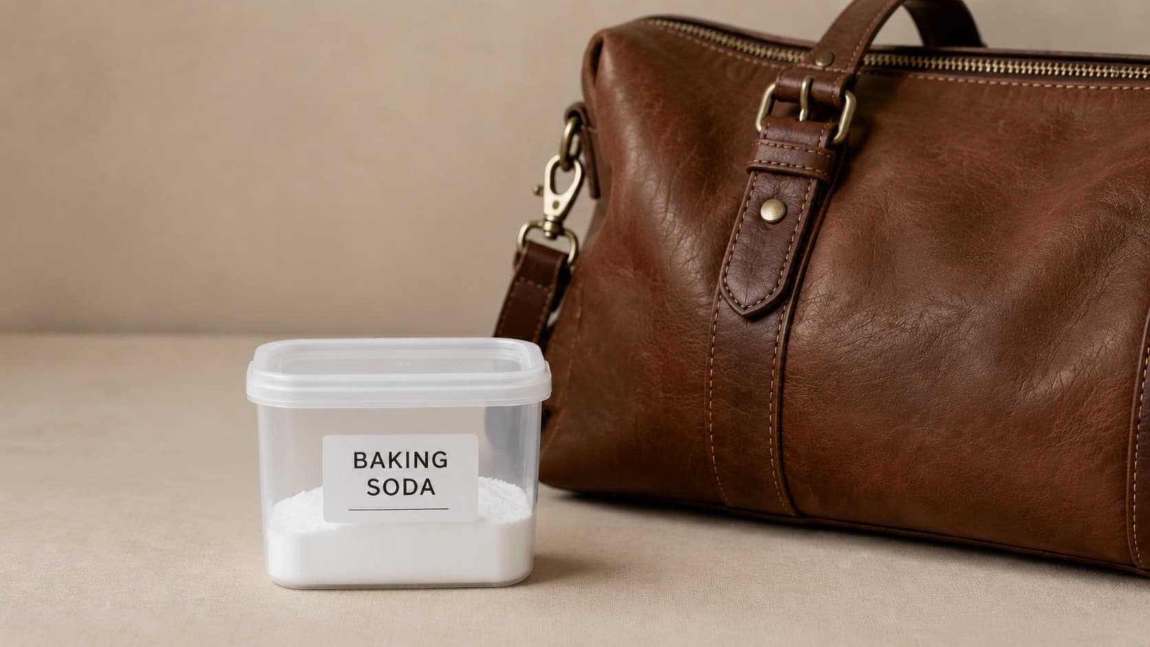 Container of baking soda next to a leather bag for odor removal