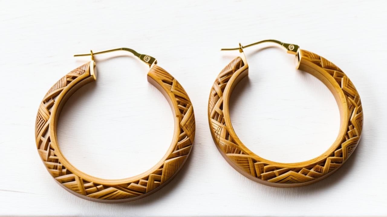 Bamboo hoop earrings carved with geometric zigzag patterns and gold clasps