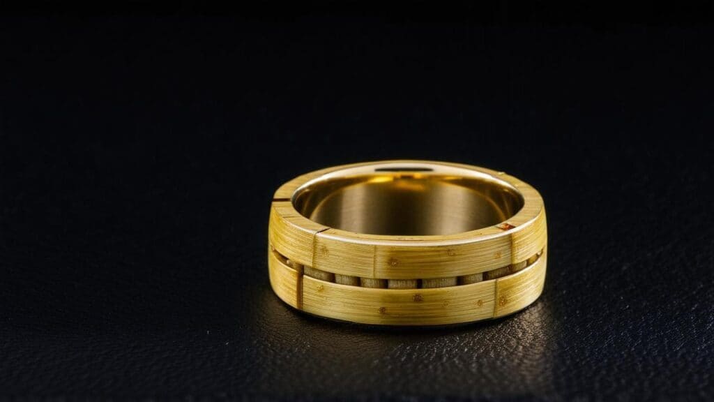 Stylish bamboo and metal ring on a black surface, blending natural materials with modern design for sustainable fashion.