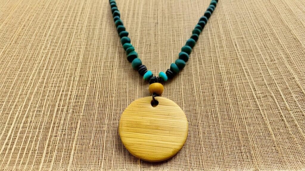 Handcrafted bamboo pendant necklace with green and black beads, showcasing eco-friendly materials and natural texture.
