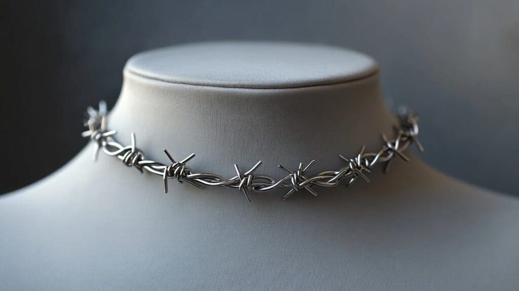 A silver barbed wire choker necklace displayed on a mannequin, blending edgy design with modern fashion trends.