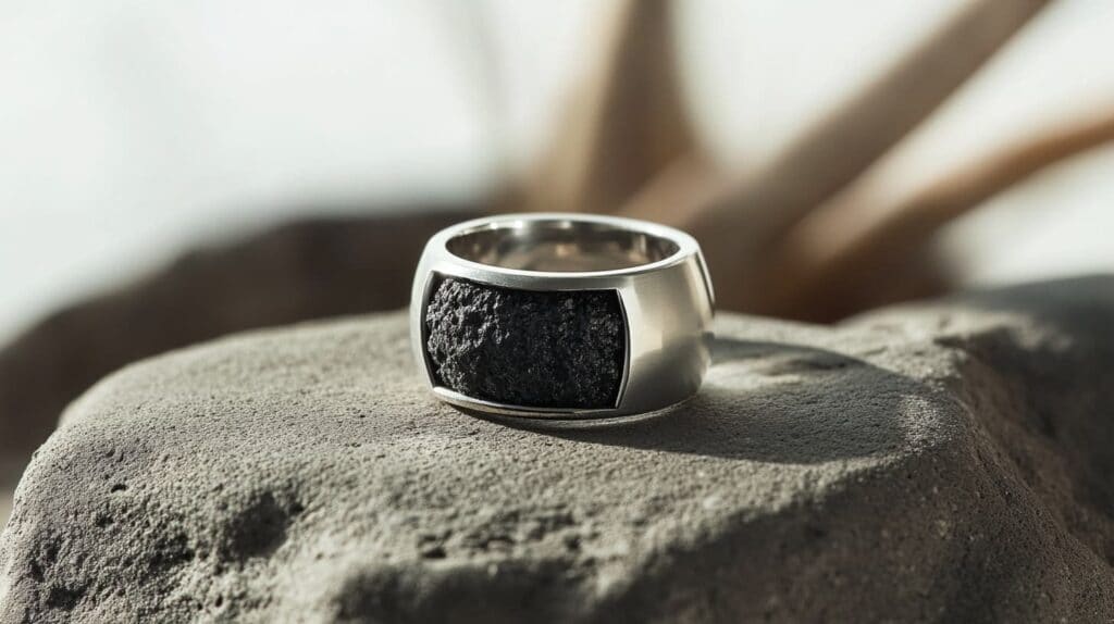 A modern men’s ring featuring a polished metal band with an inlay of textured basalt stone, resting on a natural basalt rock surface.