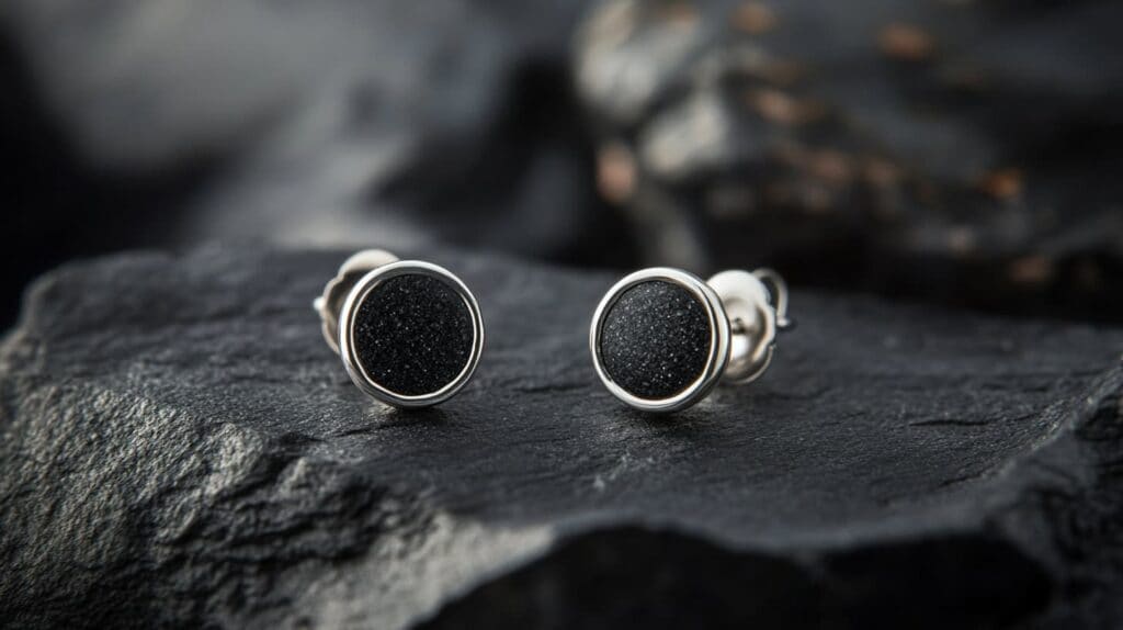 A pair of elegant stud earrings featuring round basalt stone accents set in polished silver, displayed on a dark basalt surface.