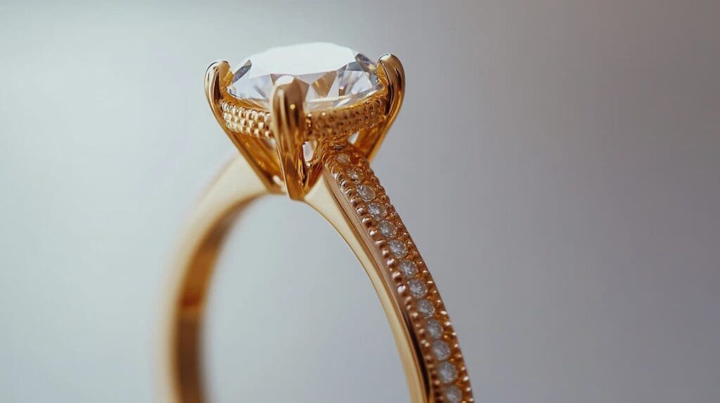 Close-up of a yellow gold engagement ring with a basket setting, showing delicate milgrain details and diamond accents along the band.