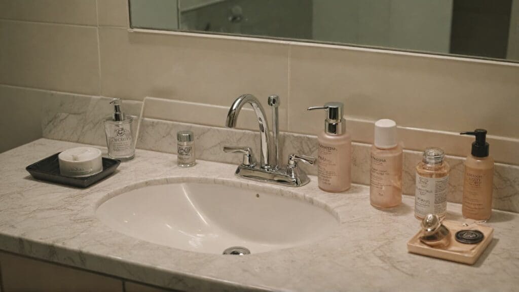 Clean bathroom vanity with organized skincare products and proper jewelry storage setup