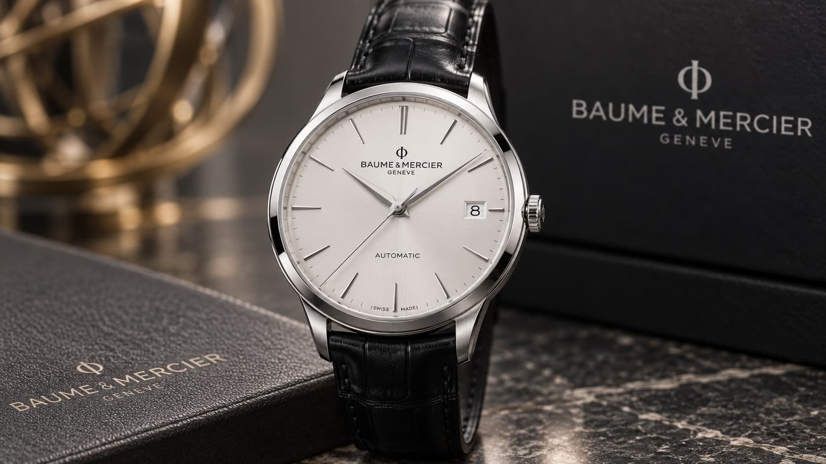 Baume & Mercier Clifton automatic watch with silver dial and black leather strap