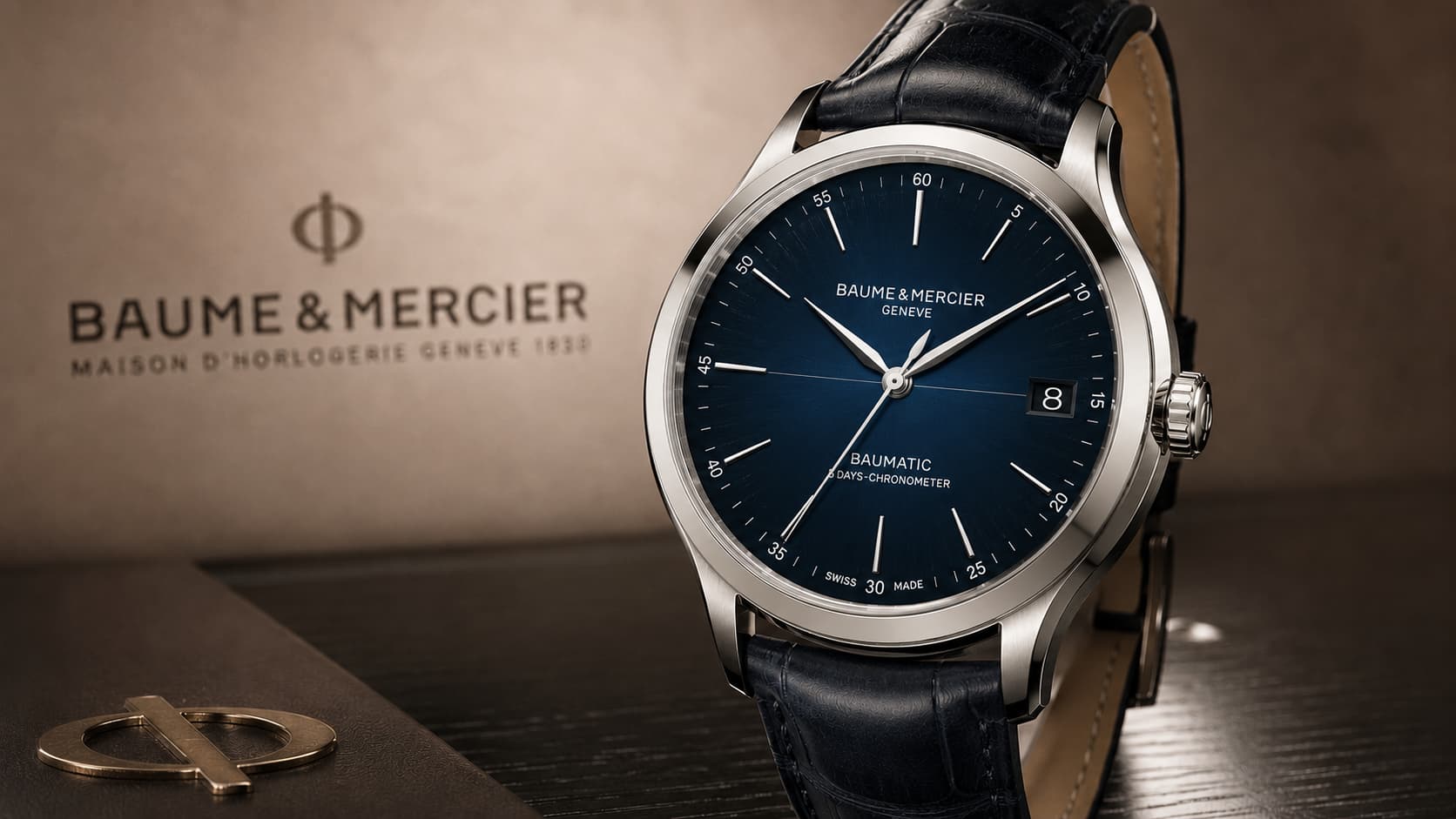 Baume & Mercier Clifton Baumatic watch with blue dial and blue leather strap