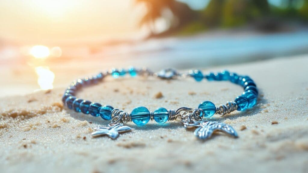 A handcrafted blue glass beaded anklet with silver charms, illustrating the creativity of beading art, displayed on a sandy beach.