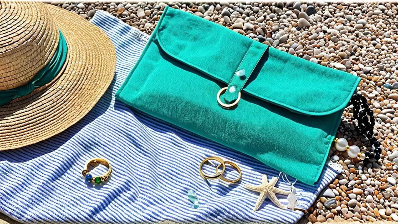 Rings, pearls and starfish charm laid on a striped beach towel with a teal pouch
