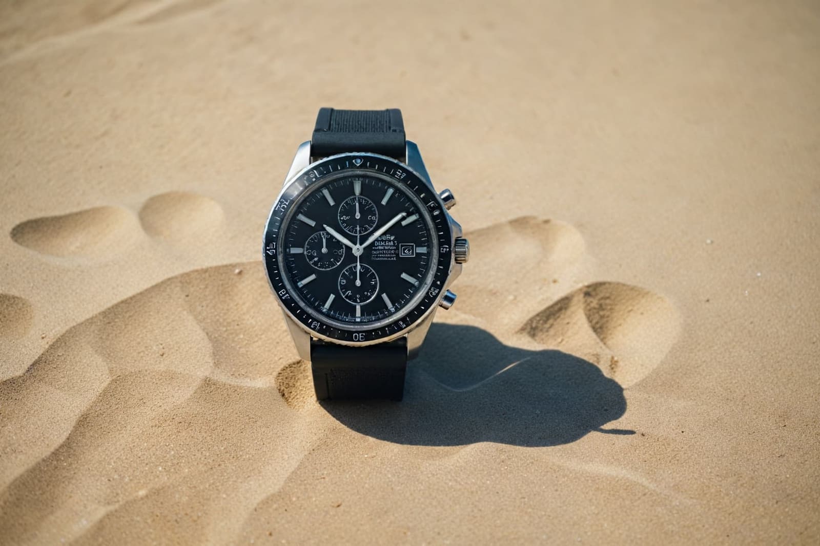 Steel chronograph with black dial and rubber strap standing upright in beach sand