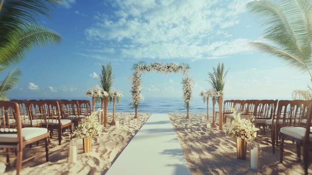 Beach wedding ceremony setup with floral arch, wooden chairs, and ocean backdrop.