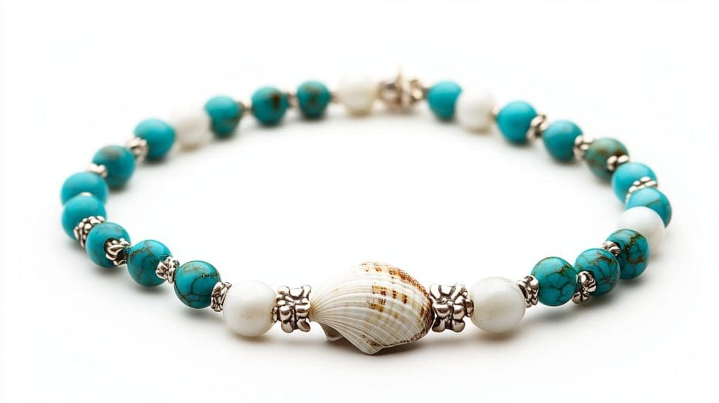 Turquoise and white beaded anklet featuring a central seashell charm, perfect for beach-inspired or bohemian style.