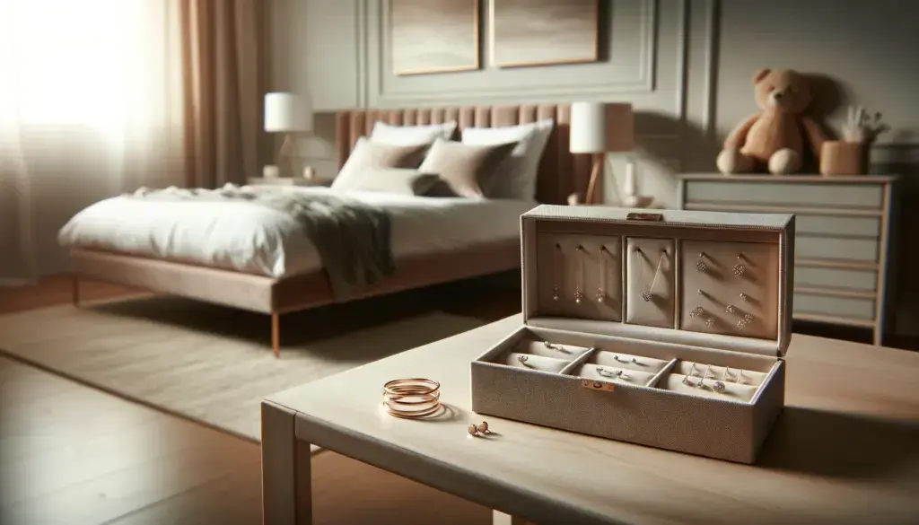 A serene and stylish bedroom with a jewelry box on a nightstand, showcasing a collection of minimalist stud earrings and delicate necklaces.