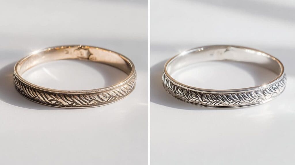 Side-by-side comparison of a silver bangle before and after tarnish removal through ionic cleaning, highlighting restored brilliance.