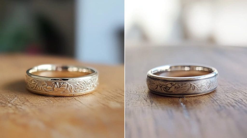Side-by-side comparison of a white gold ring showing the original shiny finish and a dulled, worn version with visible tarnish and scratches.