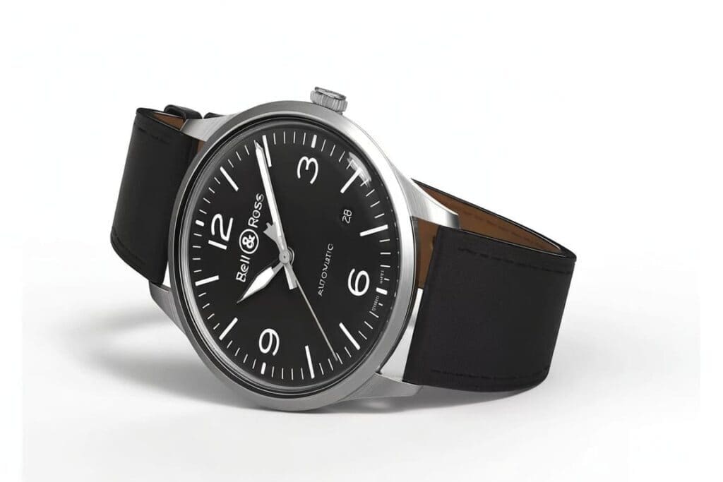 Bell & Ross round pilot watch with black dial and leather strap shown from side angle highlighting case profile