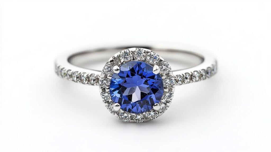 Stunning round-cut Benitoite ring featuring a diamond halo setting, highlighting the rare gemstone's deep blue hue and exceptional brilliance.
