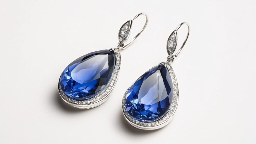Close-up of elegant teardrop-shaped Benitoite earrings with diamond accents, set in white gold, showcasing the gemstone's vibrant blue color and brilliance.