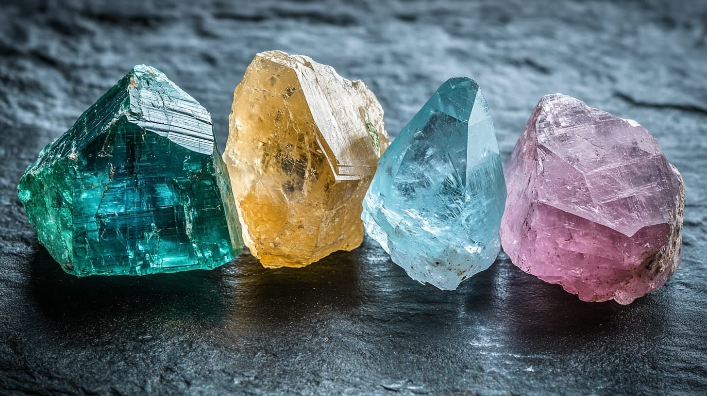 Rough beryl crystals in emerald green, golden heliodor, aquamarine blue and morganite pink