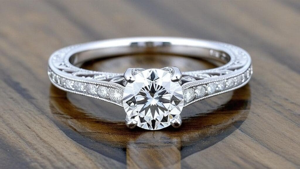 Custom bespoke engagement ring showcasing handcrafted vintage-style setting with milgrain detailing - example of personalized jewelry design process discussed in bespoke jewelry guide