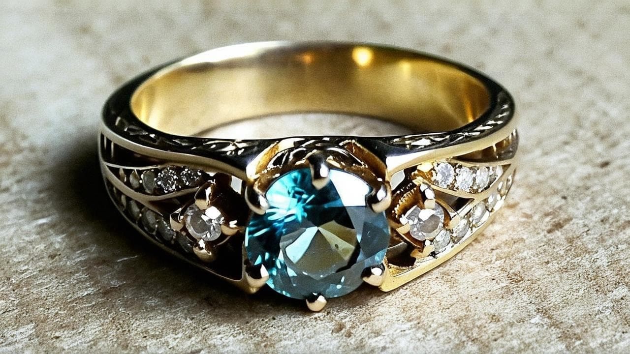 Gold ring with a round blue topaz and diamond-set filigree shoulders on stone