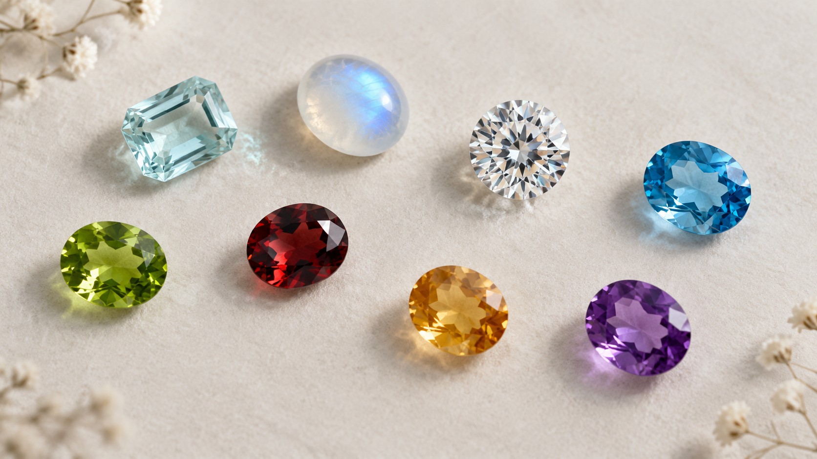 Colorful affordable gemstones including amethyst, citrine, garnet, peridot, moonstone, moissanite, and blue topaz arranged on a neutral background